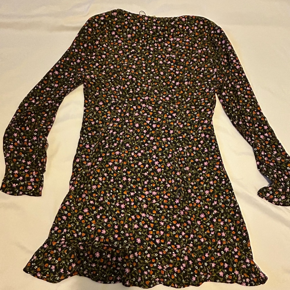 Zara Black Floral V-Neck Long Sleeve Mini Dress - Picture 3 of 4